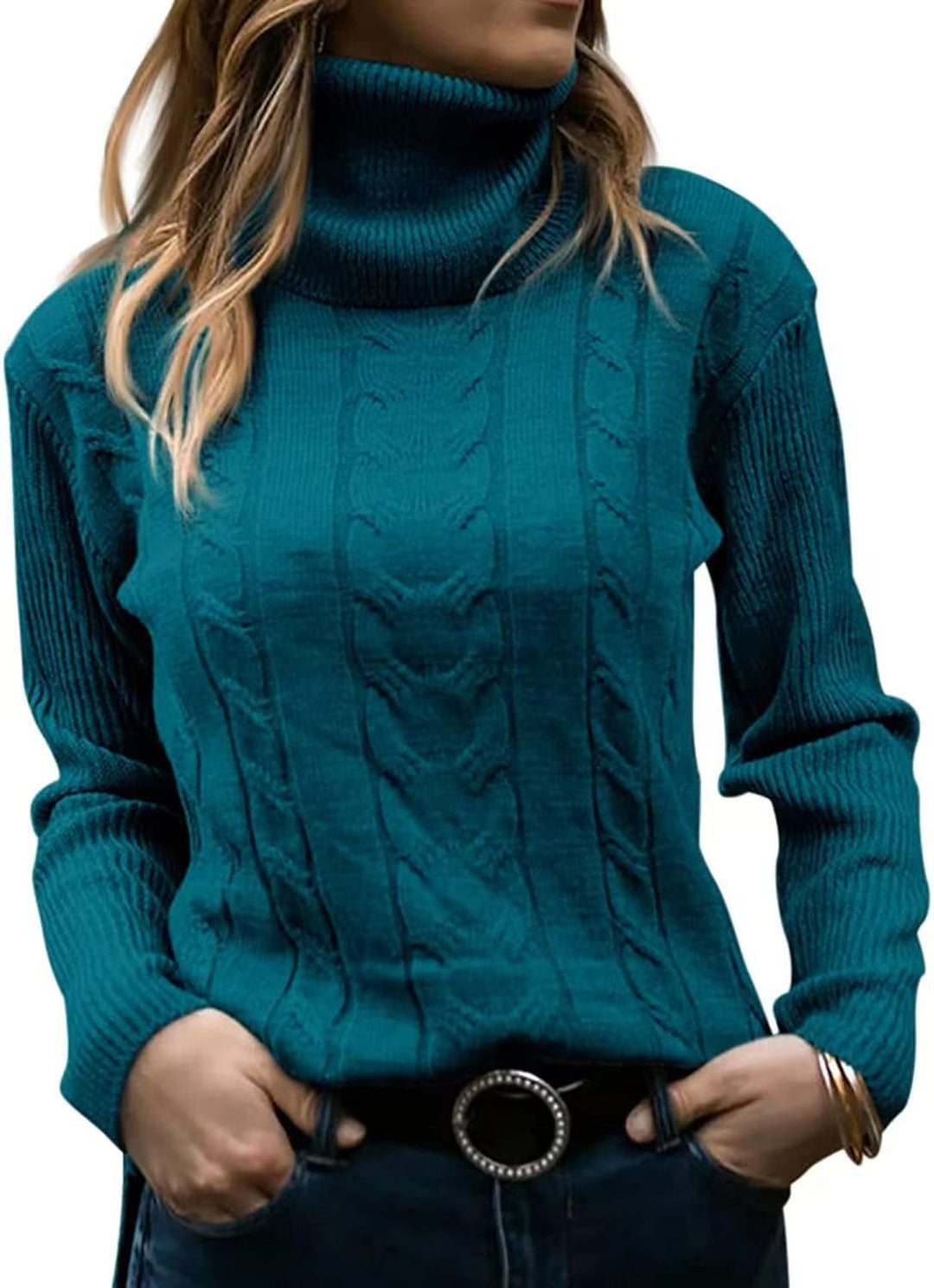 Damen Strickpullover mit Stehkragen und Zopfmuster R&B