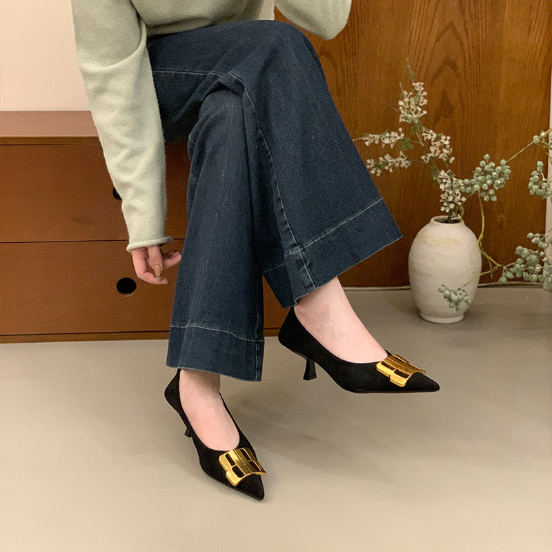 Damen elegante Slingback Pumps mit goldener Schnallenverzierung R&B