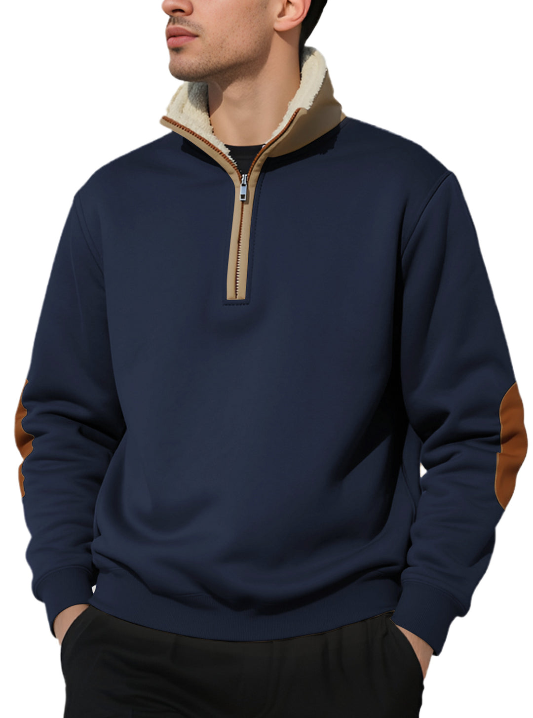Herren nan legeres Halbzip-Sweatshirt mit Sherpagefüttertem Stehkragen und Kunstleder-Ellenbogenapplikation R&B