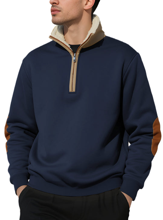 Herren nan legeres Halbzip-Sweatshirt mit Sherpagefüttertem Stehkragen und Kunstleder-Ellenbogenapplikation R&B