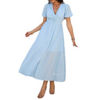 Damen Maxikleid mit V-Ausschnitt und luftigen Puffärmeln R&B