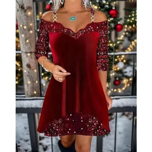 Damen nan schulterfreies Pailletten-Swingkleid mit zierlichen Ketten‑Trägern, halblangen Ärmeln und Volantbesatz R&B