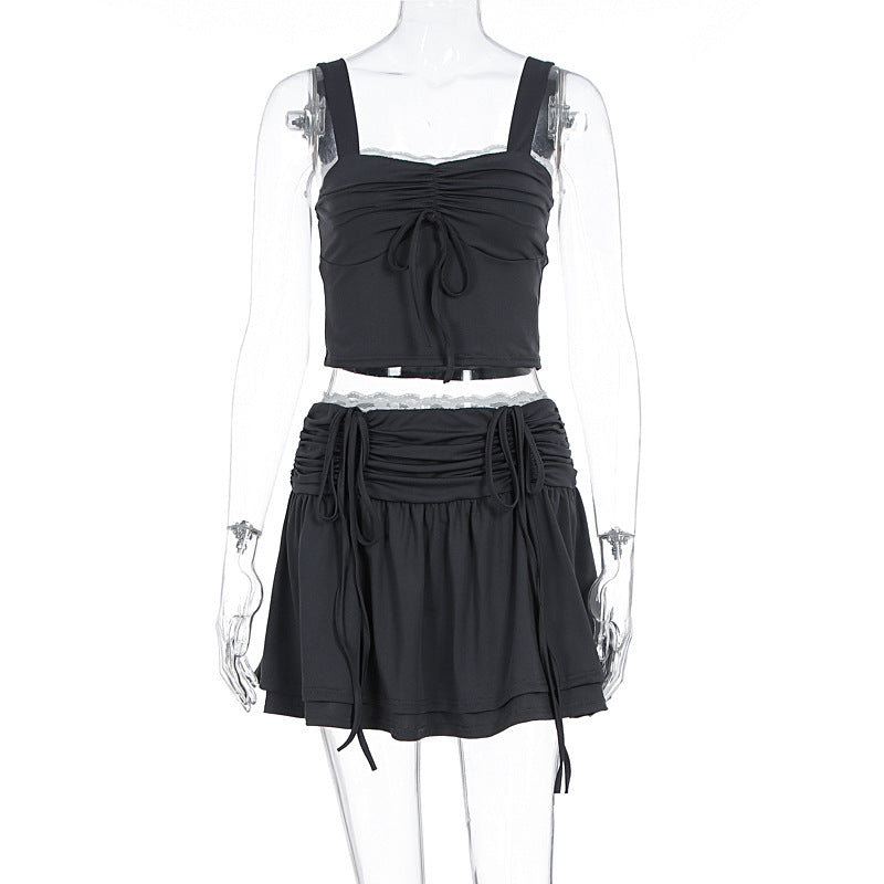 Damen modisches Crop-Top und Rock Set mit Raffungen und Bindedetails R&B