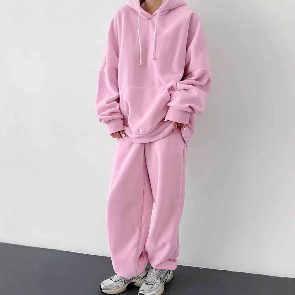 Damen Fleece Lounge-Set mit weiten Beinen und Kapuze R&B