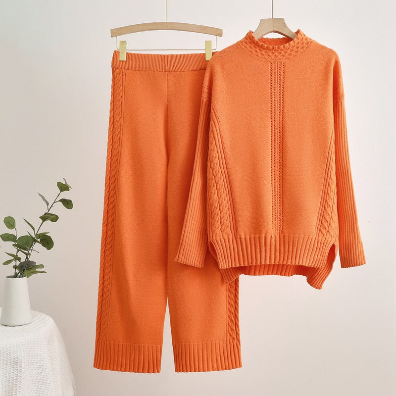 Damen komfortables Strick-Loungewear-Set mit hohen Bündchen und dekorativen Zopfmustern R&B