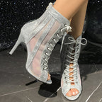 Damen Glitzernde High-Heels mit transparentem Netzdesign und eleganter Schnürung R&B