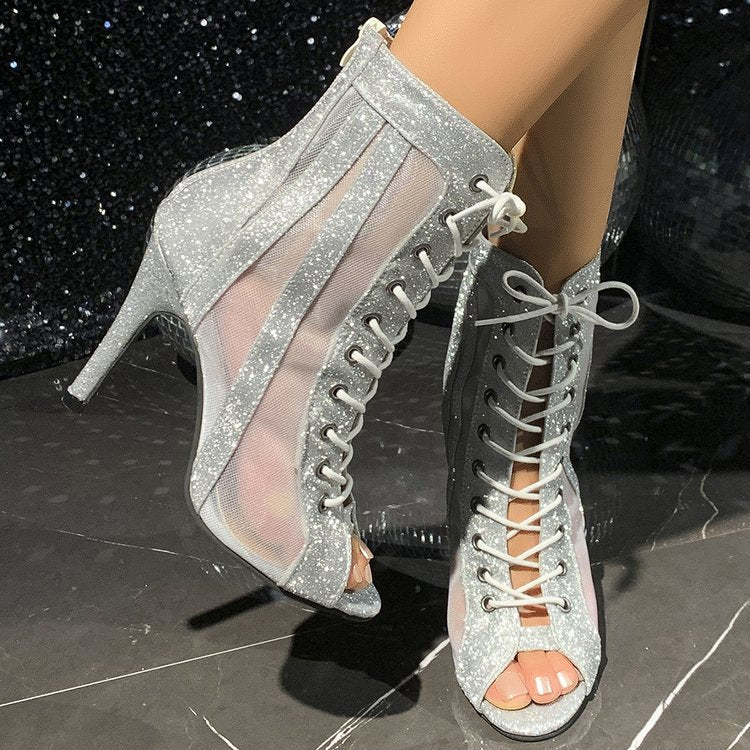 Damen Glitzernde High-Heels mit transparentem Netzdesign und eleganter Schnürung R&B