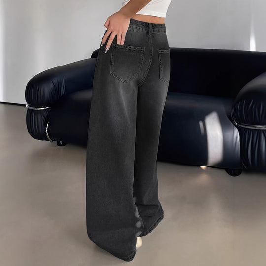 Damen Weite Denim-Hose mit hohem Bund und bequemer Passform R&B