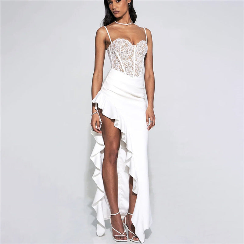 Damen elegantes Spitzen-Maxikleid mit raffinierten Drapierungen R&B