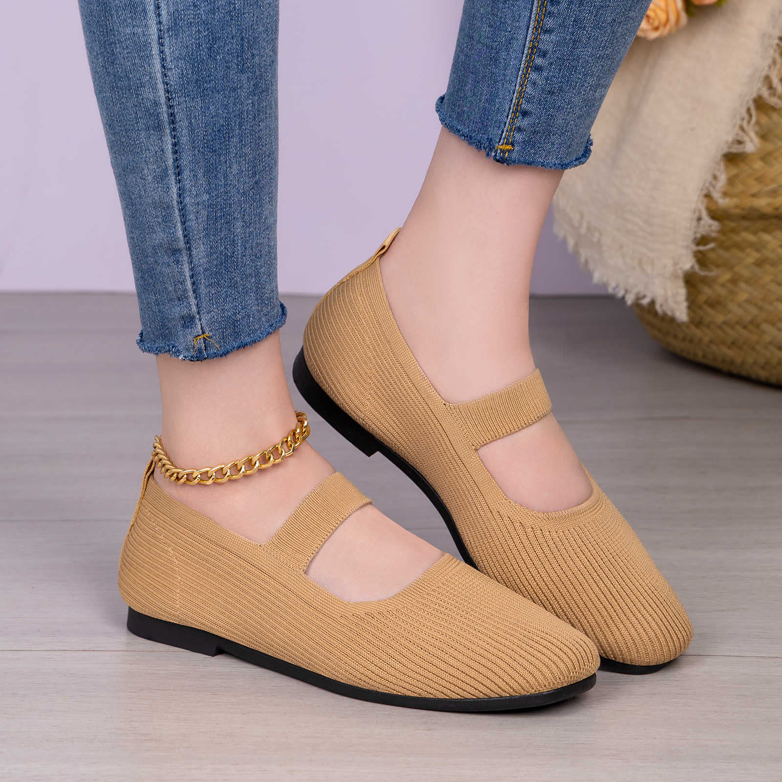 Damen Flexibele Strick Ballerinas mit verstellbarem Riemen R&B