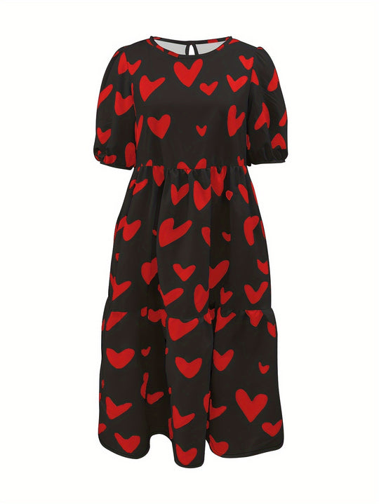Damen Minikleid mit modernem Herzmuster und luftigen Ärmeln R&B