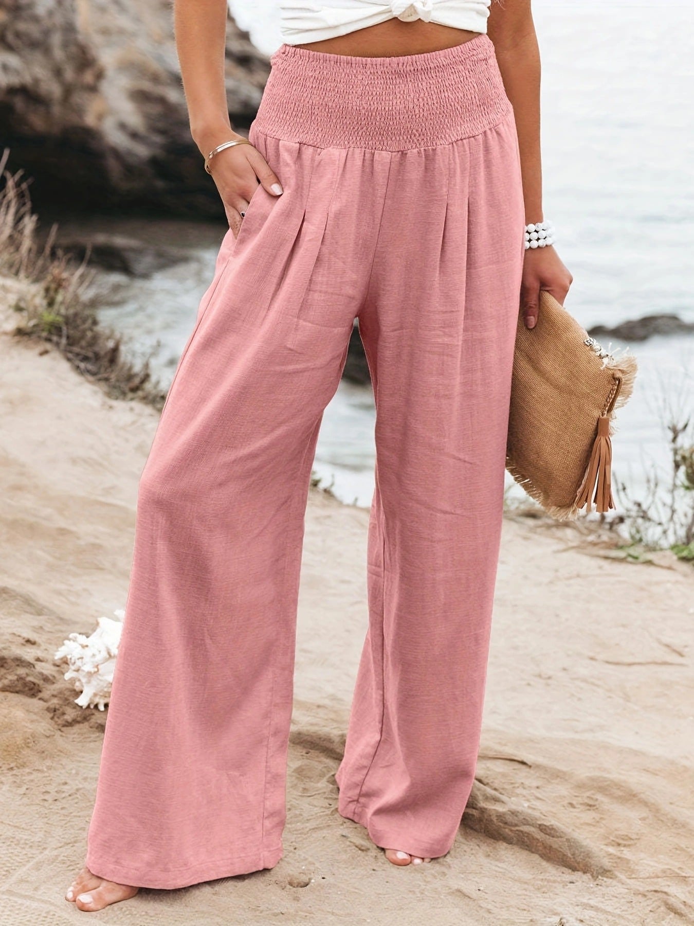 Damen weite Leinenhose mit elastischem Bund R&B