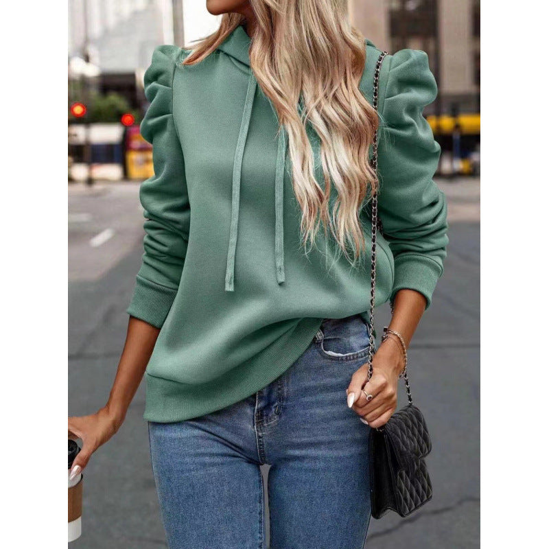 Damen modischer Kapuzenpullover mit Puffärmeln und praktischen Taschen R&B