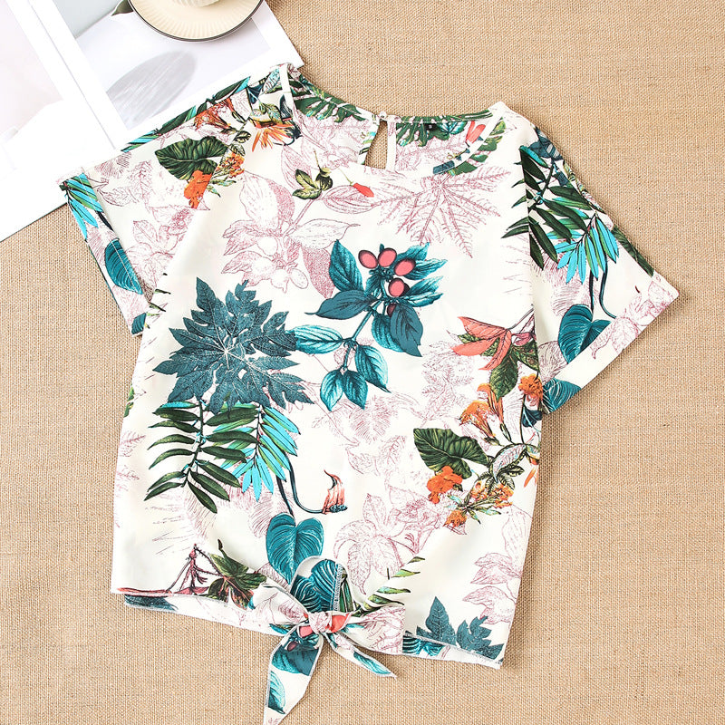 Damen Kurzarmbluse mit floralem Design und knotbarem Saum R&B