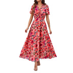 Damen Midi-Kleid mit floraler Raffung und elegantem V-Ausschnitt R&B