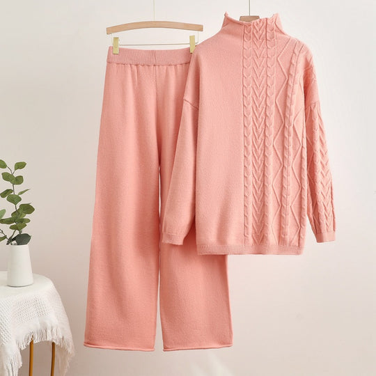 Damen gemütliches Strick-Loungewear-Set mit hochgeschlossenem Kragen R&B