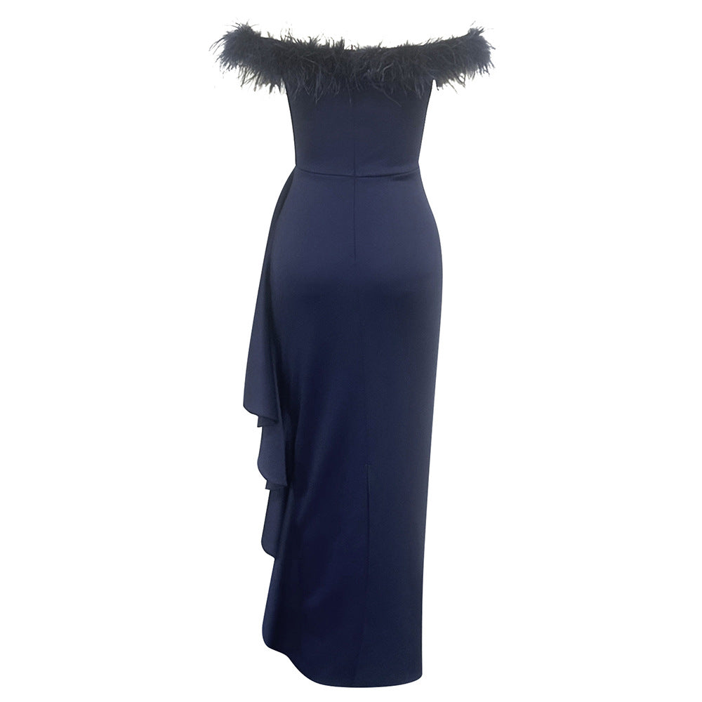 Damen Elegantes Abendkleid mit abnehmbaren Federdetails und asymmetrischem Schnitt R&B