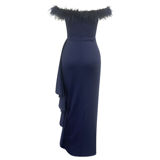 Damen Elegantes Abendkleid mit abnehmbaren Federdetails und asymmetrischem Schnitt R&B