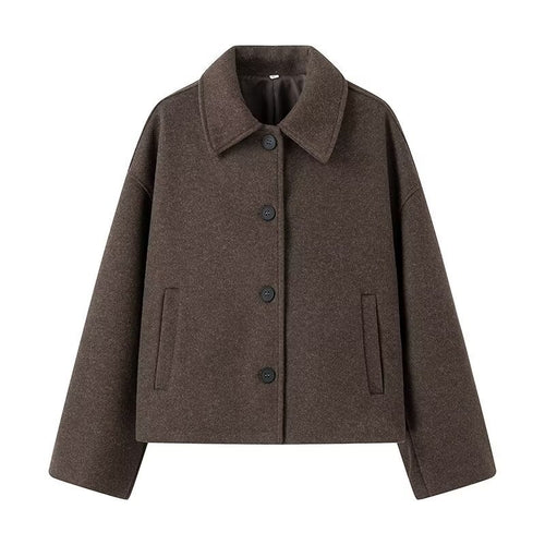 Damen modische kurze Wolljacke im Oversized-Stil mit Knopfverschluss R&B