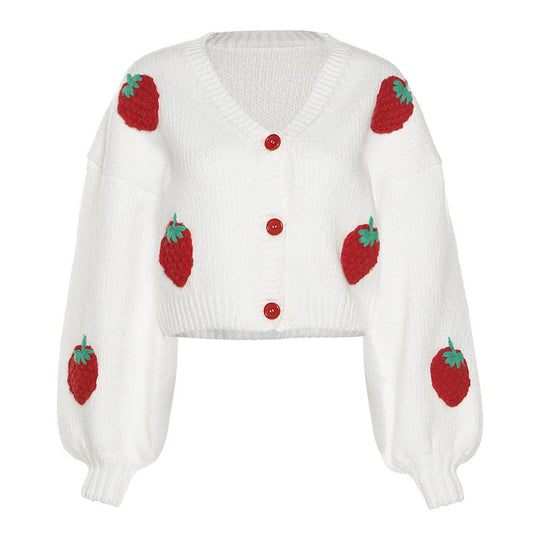 Damen Strickjacke mit Erdbeer-Applikationen und weit geschnittenen Ärmeln R&B