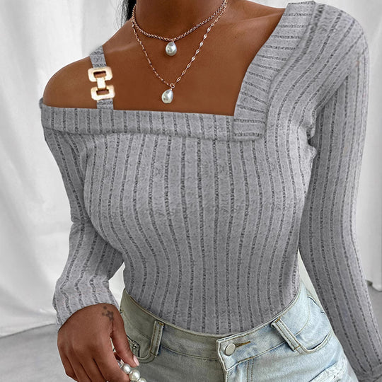 Damen Langarm-Oberteil mit asymmetrischem Ausschnitt und dekorativem Design R&B
