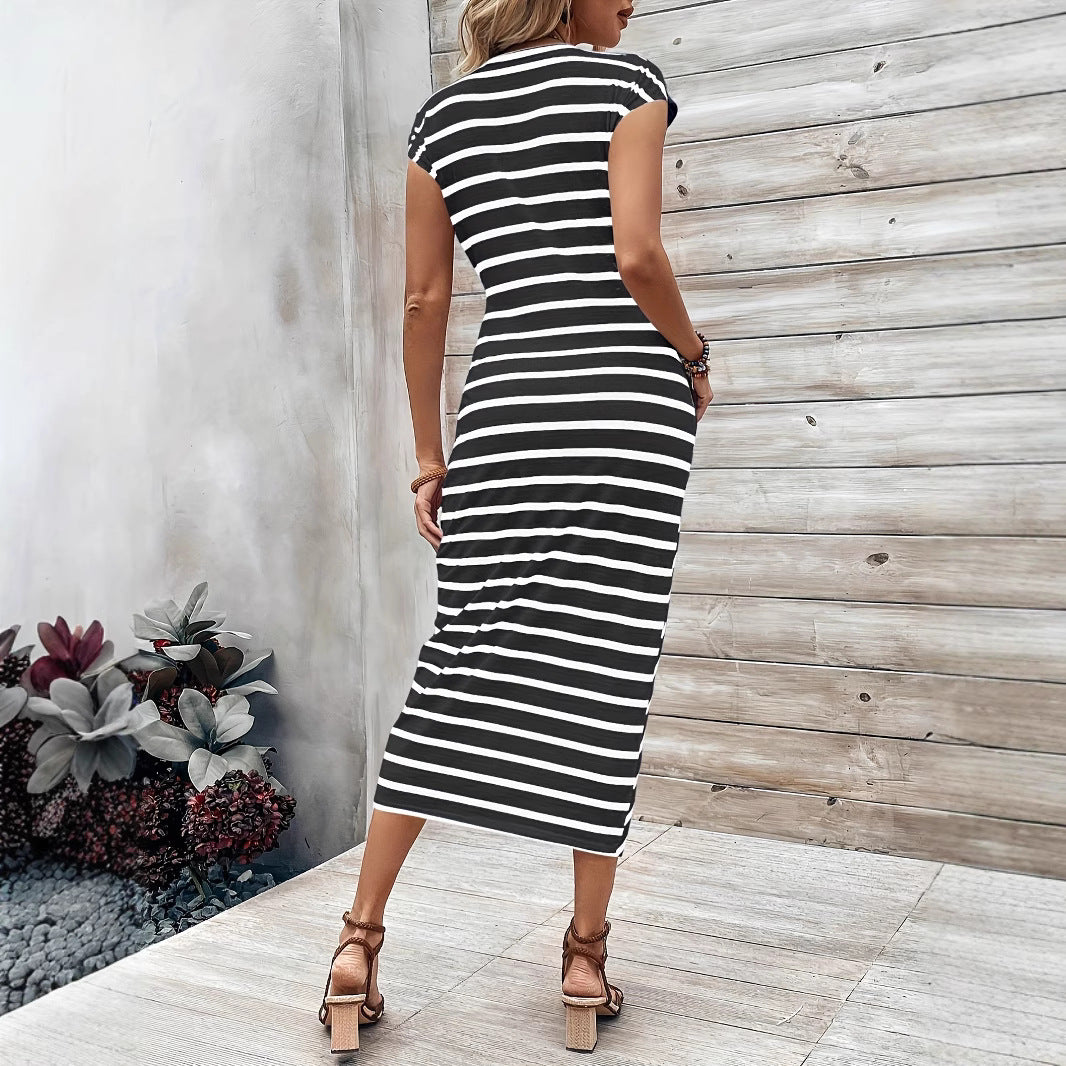 Damen Wickelmaxikleid mit Streifenmuster und elegantem Bund R&B