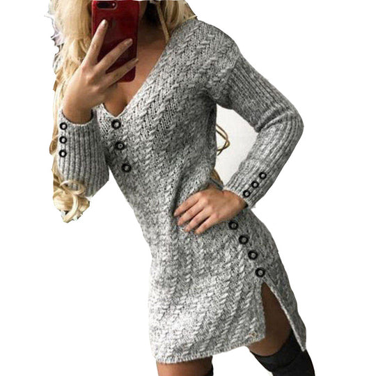 Damen Strickkleid mit V-Ausschnitt und Knopfdetails R&B