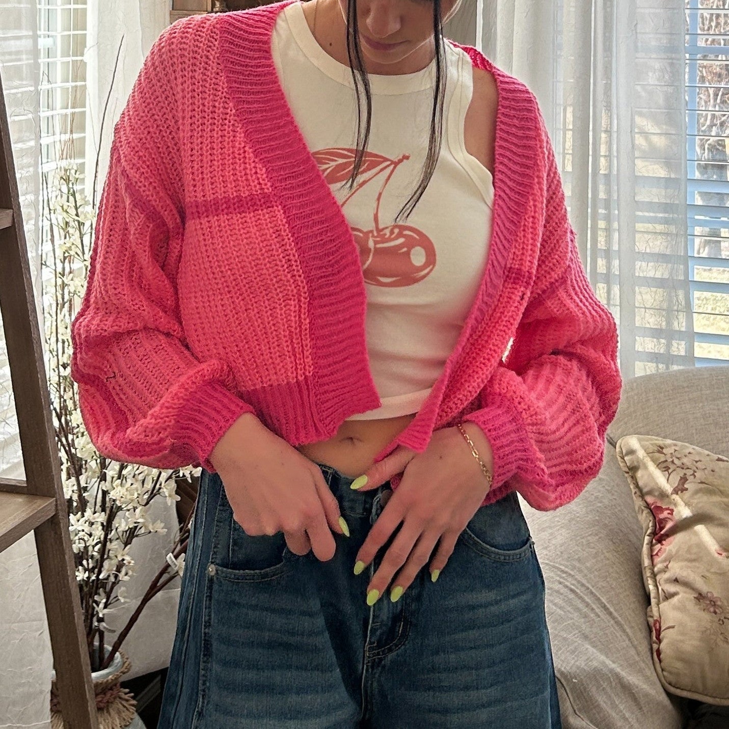 Damen lässiger Strickcardigan mit voluminösen Ärmeln und lockerer Passform