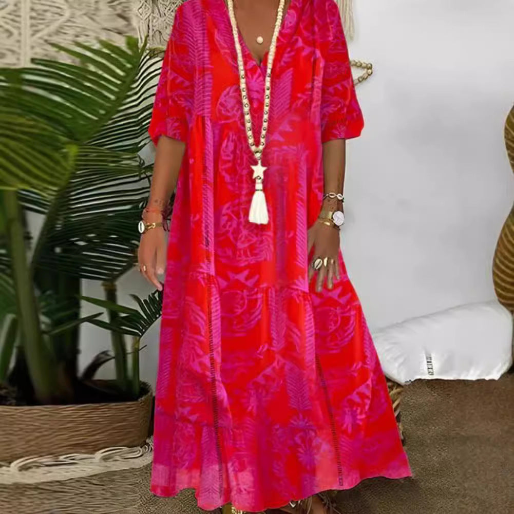 Damen nan Boho-Langkleid mit tiefem V-Ausschnitt, Stufenschnitt und legerer Oversize-Passform R&B