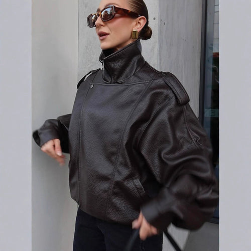Damen Oversized Kunstlederjacke mit hohem Kragen und voluminösen Ärmeln R&B