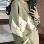 Damen Grobstrickpullover mit modernen Rautenmustern und weitem Schnitt R&B