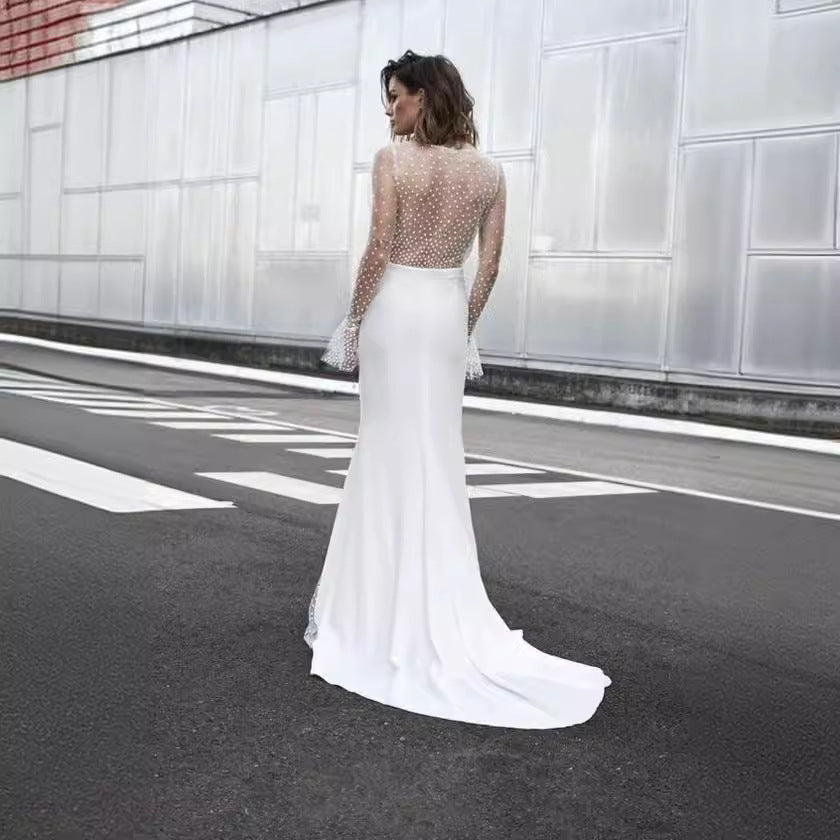 Damen Hochgeschlitztes Abendkleid mit transparentem Oberteil und Perlenapplikationen R&B