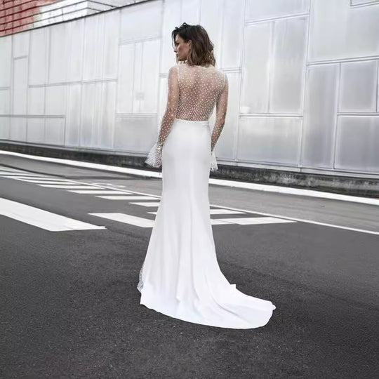 Damen Hochgeschlitztes Abendkleid mit transparentem Oberteil und Perlenapplikationen R&B