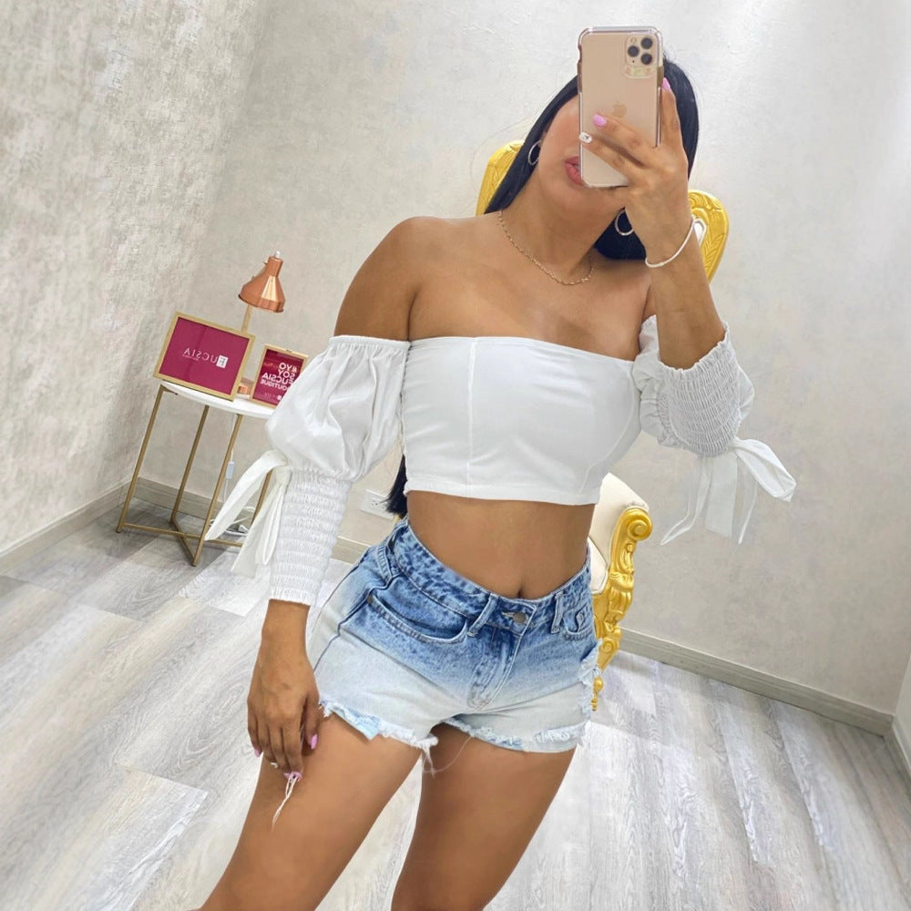 Damen Crop Top mit Puffärmeln und elastischen Bündchen R&B