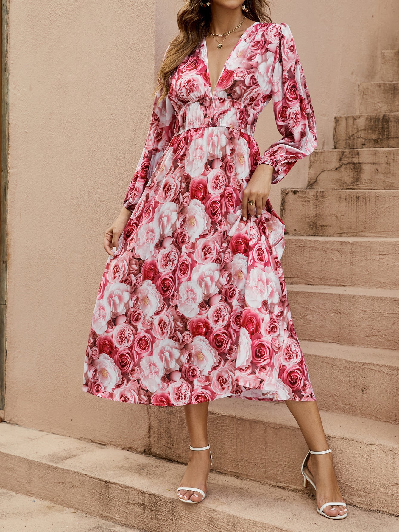 Damen Midi-Kleid mit floralen Mustern R&B