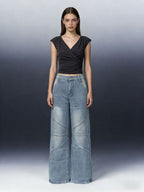 Damen Weite Denim-Hose mit asymmetrischen Nähten