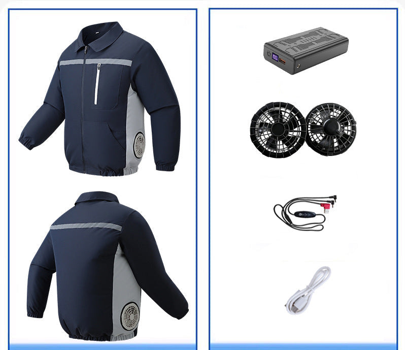 Unisex nan ventilated work cooling jacket with side vent inserts, removable battery compartment and reflective inserts R&B