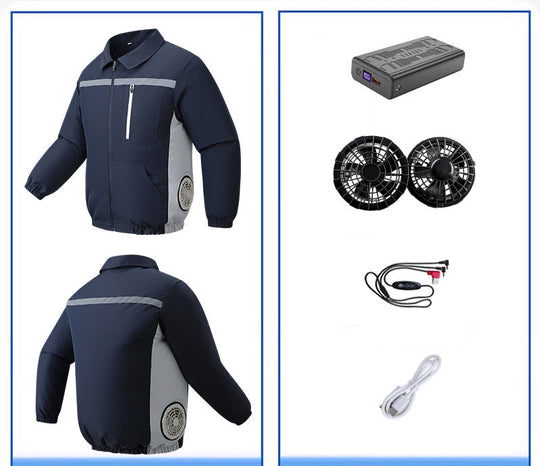 Unisex nan ventilated work cooling jacket with side vent inserts, removable battery compartment and reflective inserts R&B