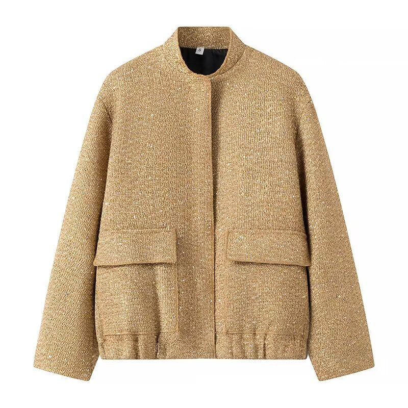 Damen nan strukturierte Boucléjacke mit Stehkragen, aufgesetzten Taschen und elastischem Saum R&B