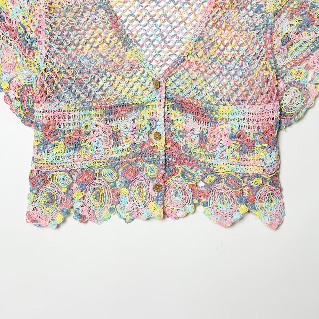 Damen luftiger Spitzen-Crochet-Cardigan mit buntem Häkelmuster R&B