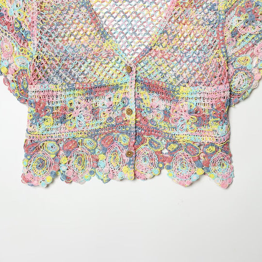 Damen luftiger Spitzen-Crochet-Cardigan mit buntem Häkelmuster R&B