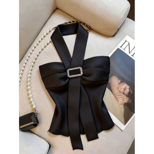 Damen Elegantes Top mit schickem Krawattendesign und funkelndem Schmuckdetail R&B