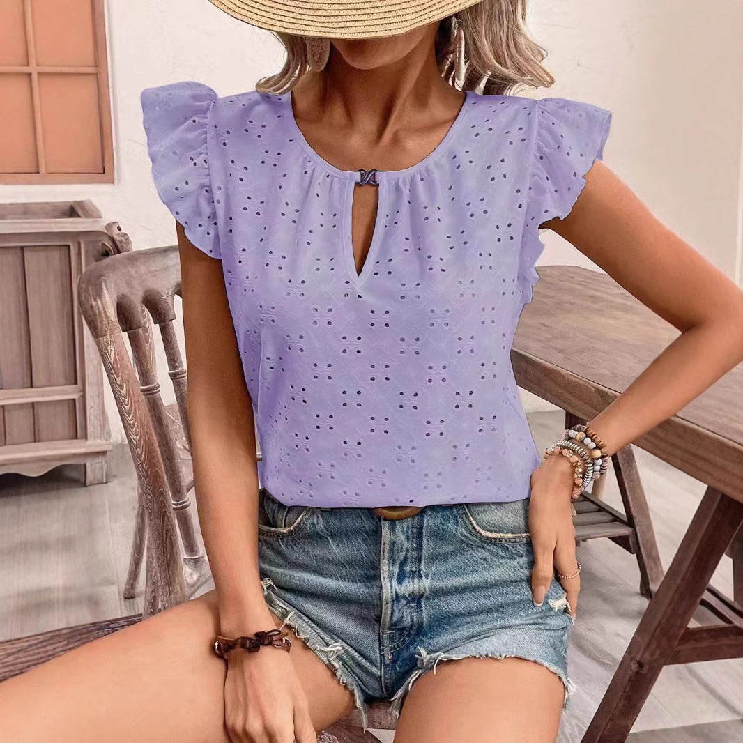 Damen Bluse mit Rüschendetails und verspieltem Lochmuster R&B