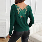 Damen nan geripptes Langarmshirt mit dekorativem Schmetterlings-Spitzenausschnitt R&B