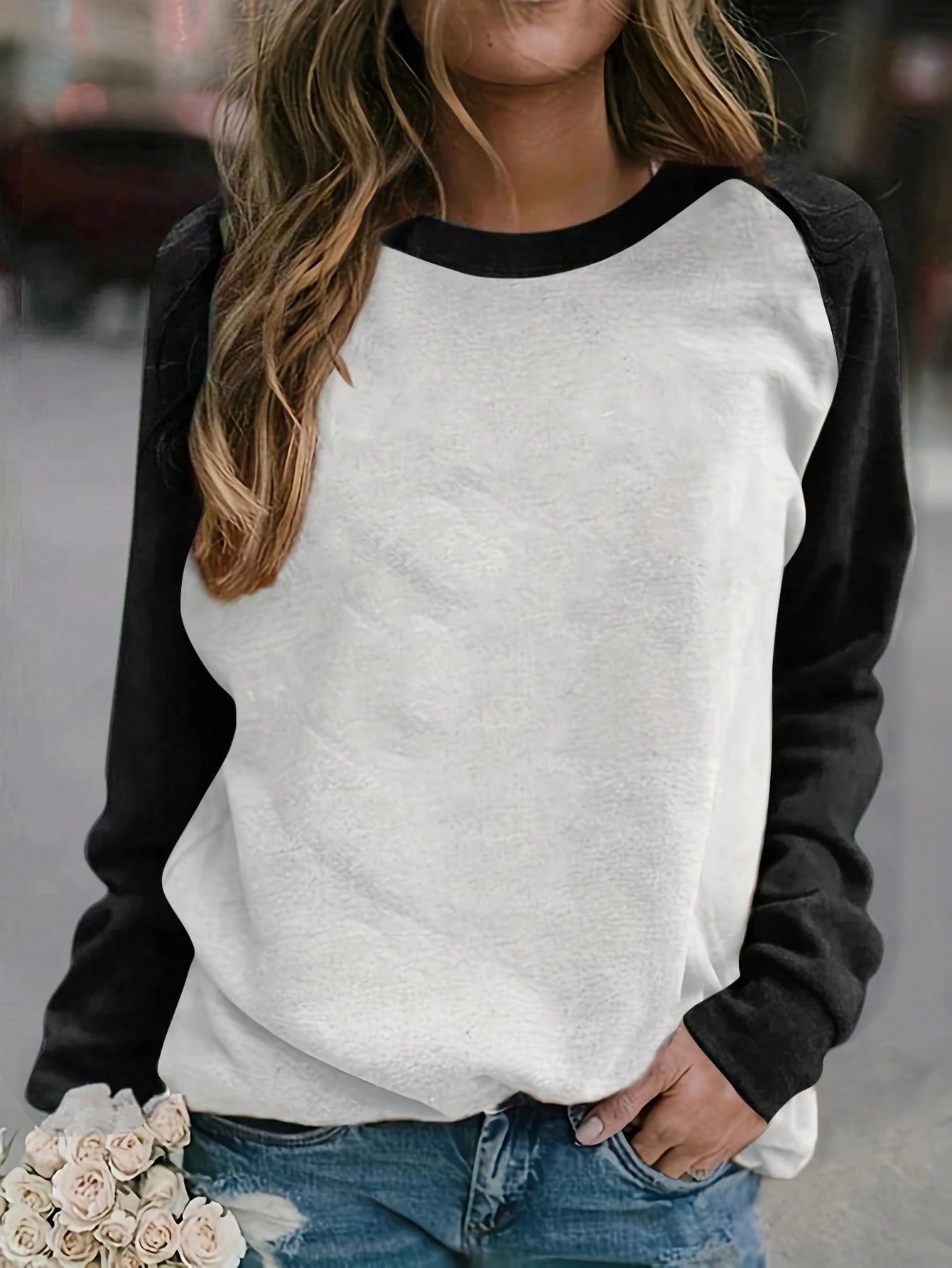 Damen lässiger Raglan-Pullover aus weichem Baumwollmix mit Rundhalsausschnitt R&B