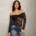Damen Off-Shoulder Spitzenoberteil mit langen Ärmeln und romantischen Details R&B