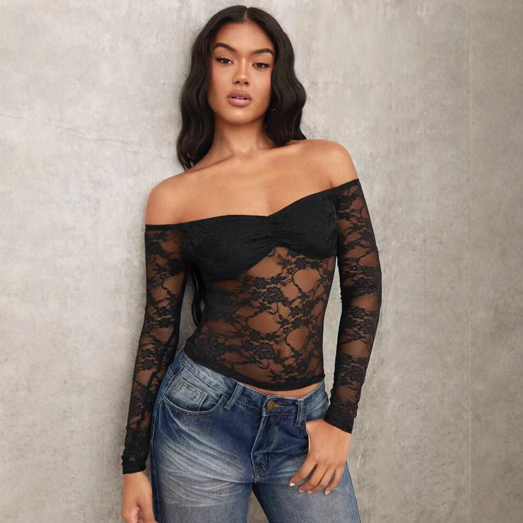Damen Off-Shoulder Spitzenoberteil mit langen Ärmeln und romantischen Details R&B