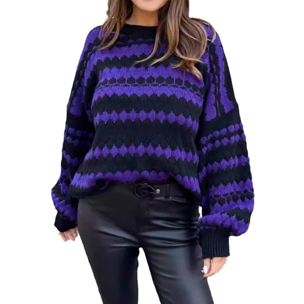 Damen gemütlicher Strickpullover mit modernem Zopfmuster und grafischen Akzenten R&B
