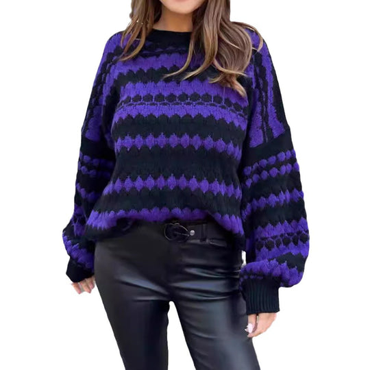 Damen gemütlicher Strickpullover mit modernem Zopfmuster und grafischen Akzenten R&B