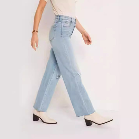 Damen High-Waist Jeans mit fransigem Saum und modischen Rissdetails R&B